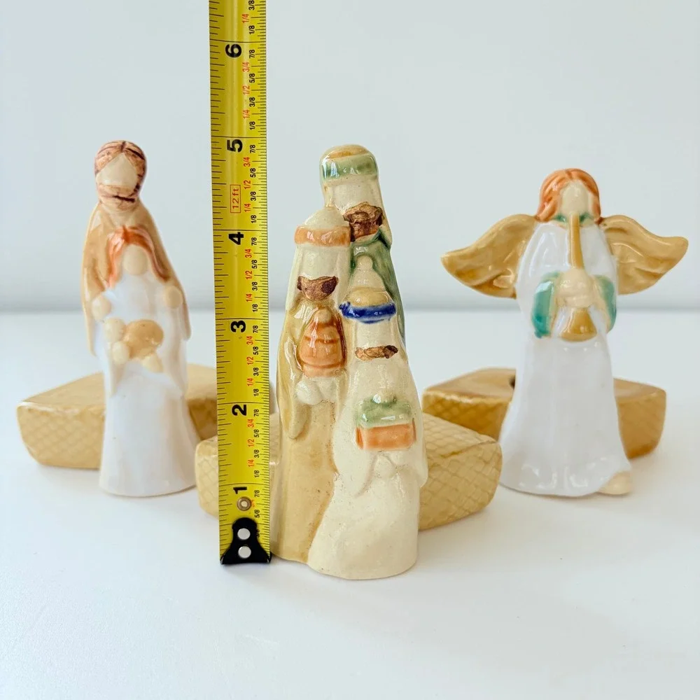 Vintage Ceramic Nativity Candle Holder Set 3pc Holy Family Wise Men Angel Decor